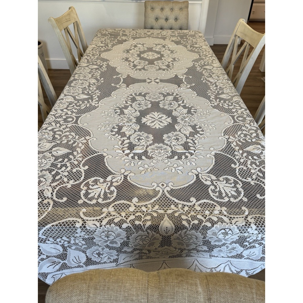 Vintage Long Double Medallion Floral Tablecloth Rectangle Lace scallped ends